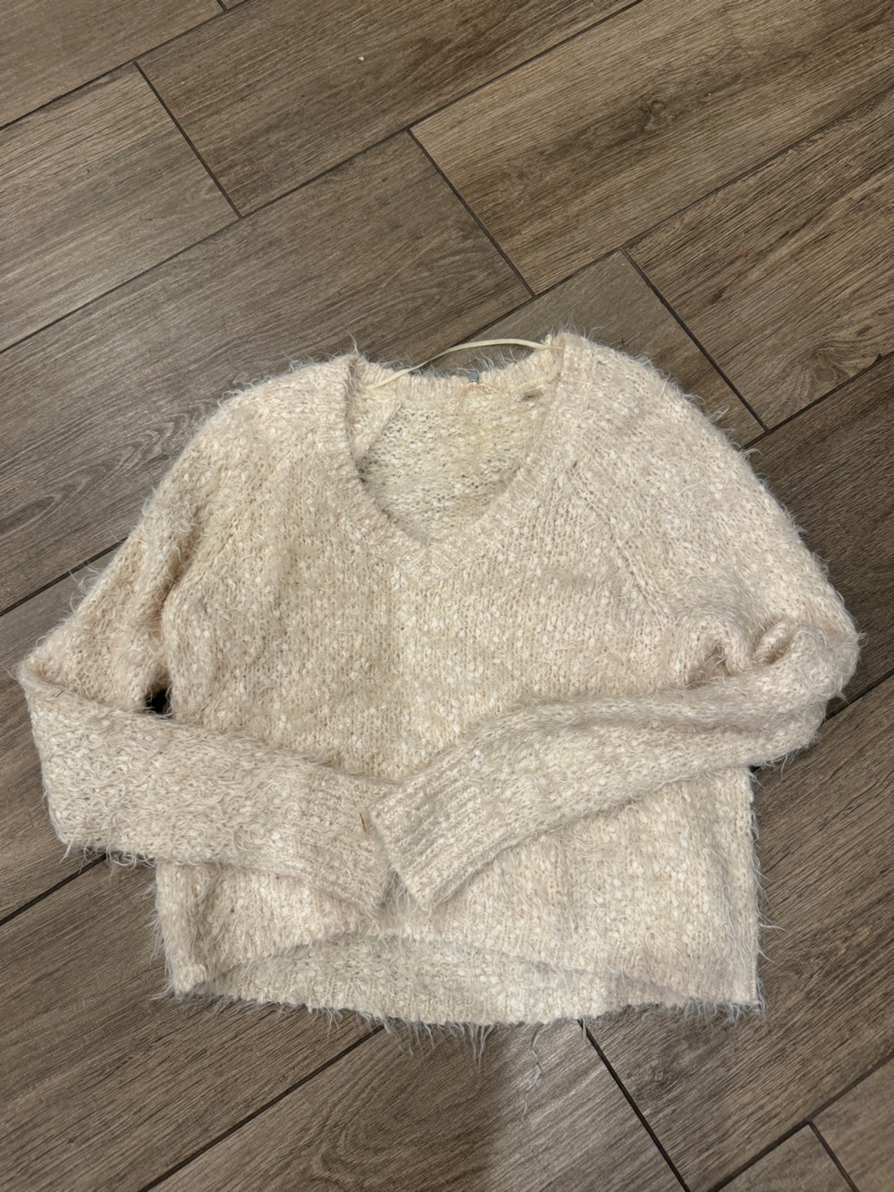 Free People Cream Fuzzy V-Neck Sweater